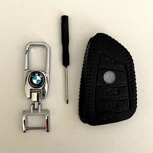 BMW Logo Key Fob Keychain in Silver & Fob Case Cover in Black Leather NWT